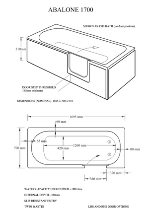 Mantaleda Abalone 1700 Walk-In Bath specifications