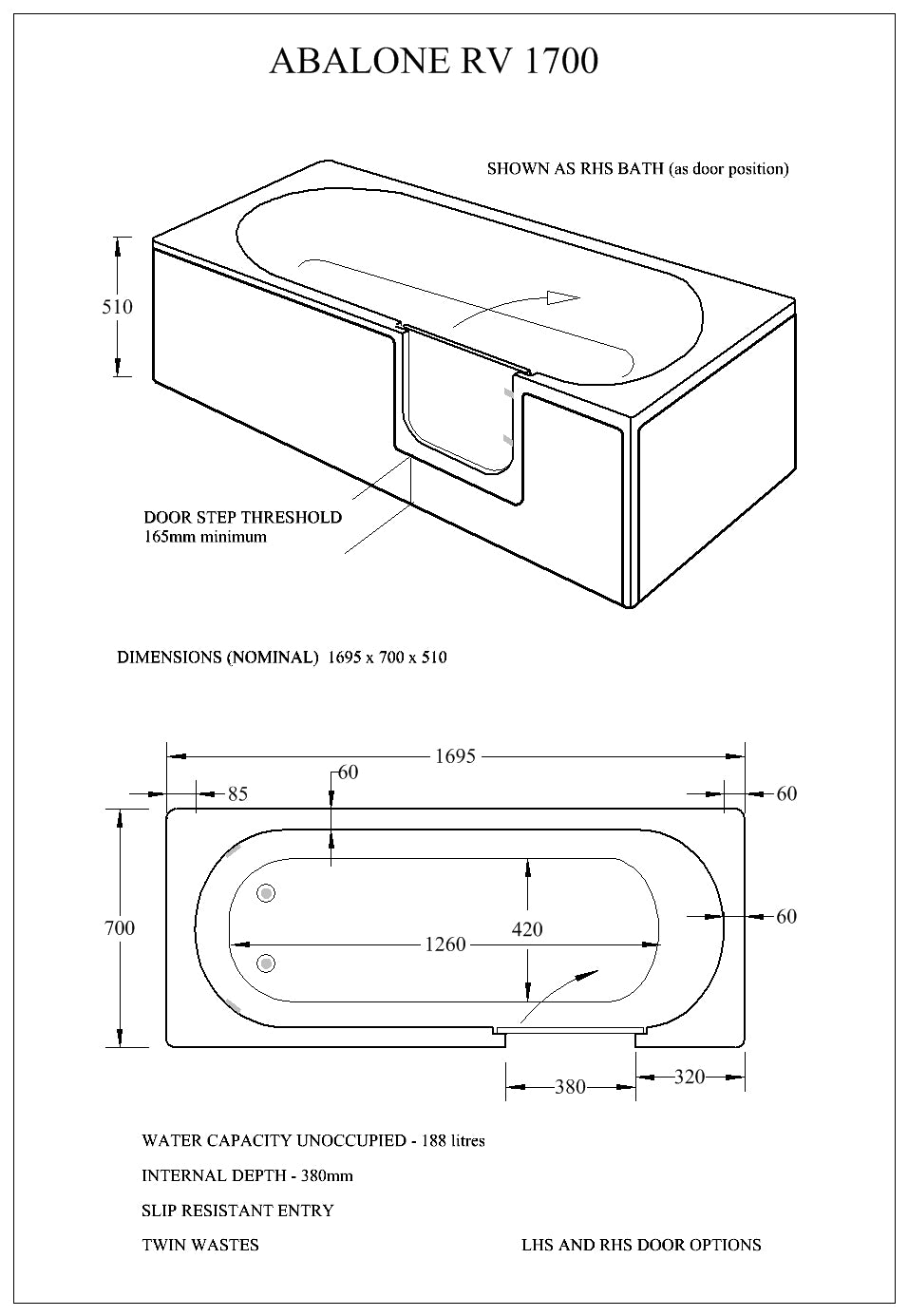 Mantaleda Abalone RV Walk-In Shower Bath specifications