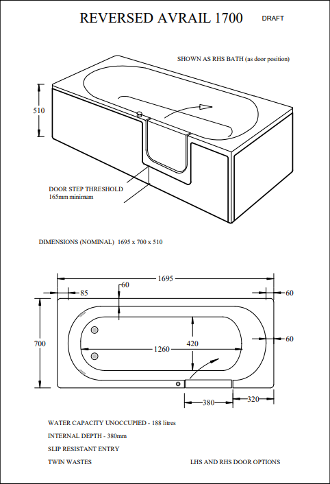 Mantaleda Avrail RV Walk-In Shower Bath Specifications