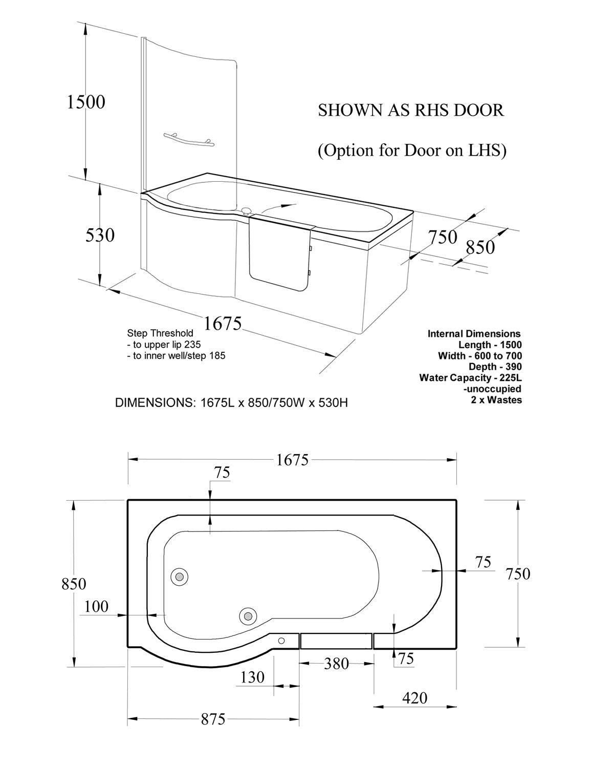 Mantaleda Calypso Walk-In Shower Bath technical drawing 