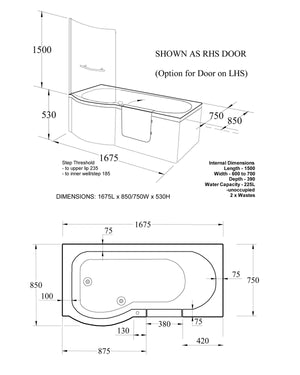 Mantaleda Calypso Walk-In Shower Bath technical drawing 