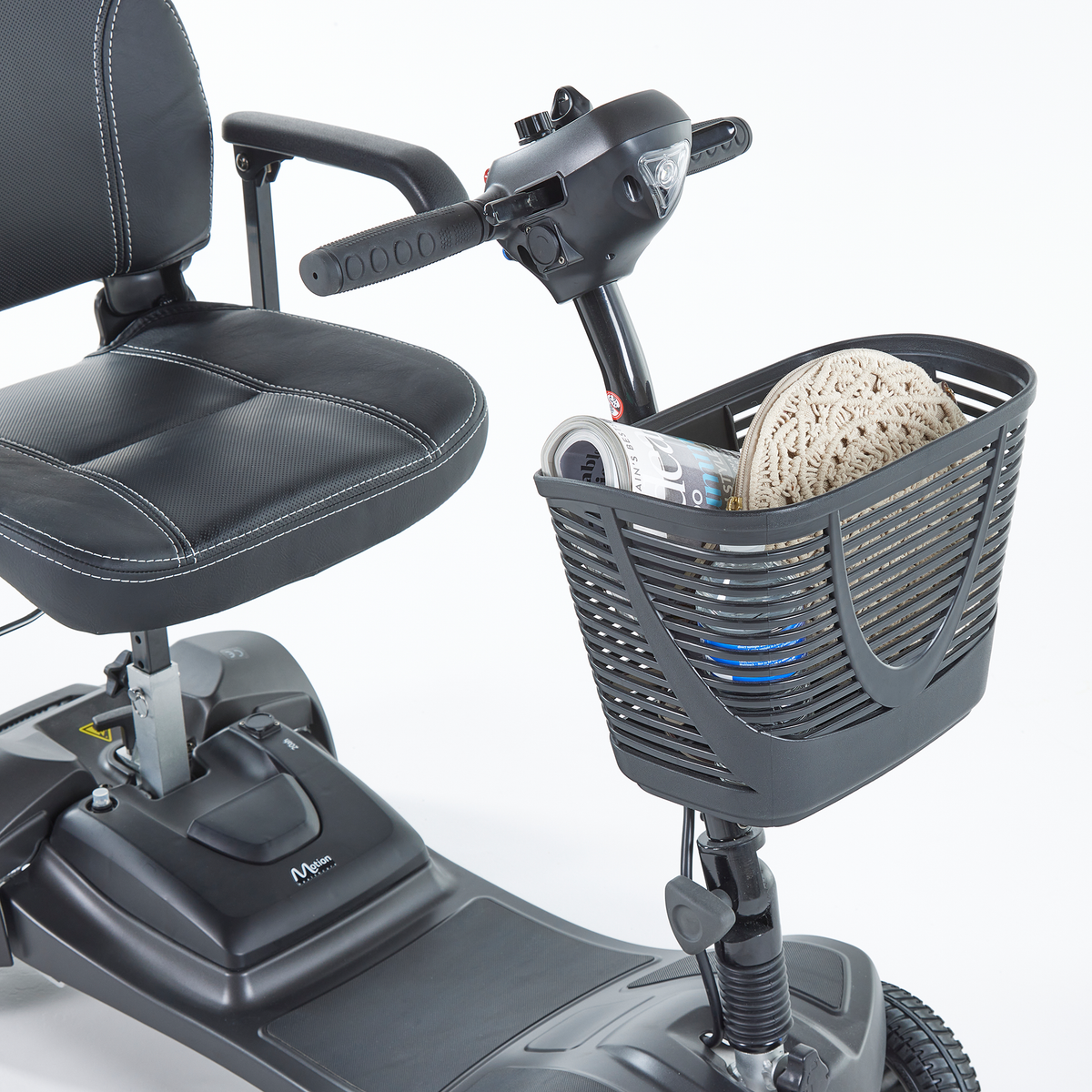 Black Motion Healthcare Airscape lightweight electric Mobility Scooter with lithium battery close up of basket