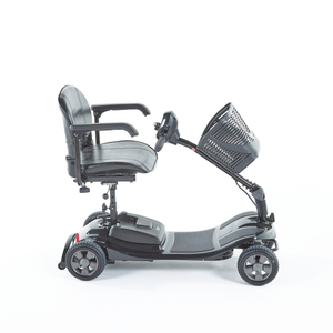 Black Motion Healthcare Airscape lightweight electric Mobility Scooter with lithium battery side view of folding steering column