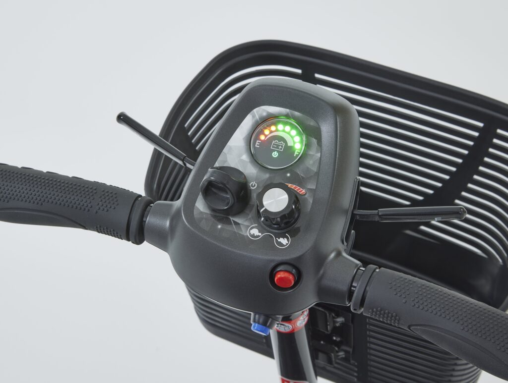 Motion Healthcare Alumina Air Mobility Scooter steering wheel close up