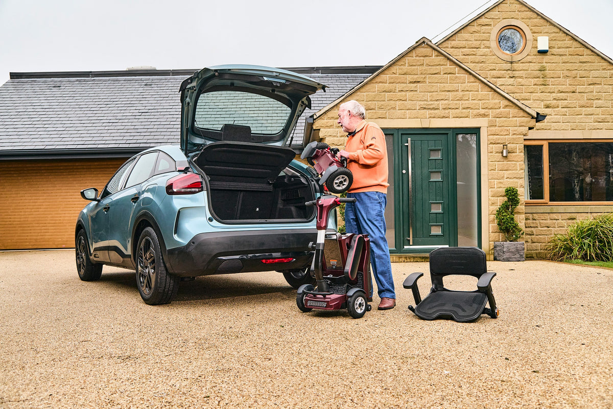 Motion Healthcare Connex Automatic Folding Mobility Scooter easily disassembles 