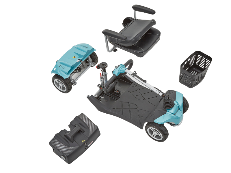 Motion Healthcare Airium 4 Wheel Lightweight Electric Mobility Scooter Lithium Battery disassembled