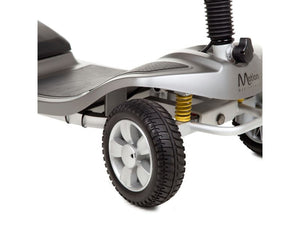 Motion Healthcare Alumina, lightweight Mobility Scooter, lithium battery, grey front wheel close up