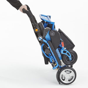 Motion Healthcare Foldalite Pro Folding Electric Wheelchair Blue folded wheeling
