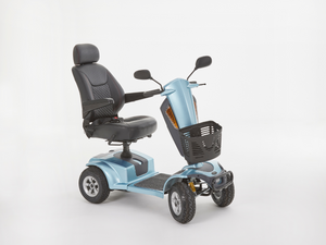 Motion Healthcare Xcite 4 Wheel, Lightweight, Electric 8mph Mobility Scooter Lithium Battery Option Aqua blue turning right