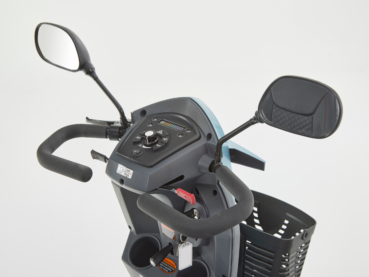 Motion Healthcare Xcite 4 Wheel, Lightweight, Electric 8mph Mobility Scooter Lithium Battery Option Aqua blue steering column