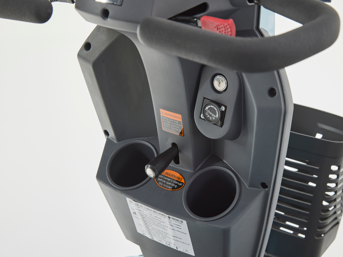 Motion Healthcare Xcite 4 Wheel, Lightweight, Electric 8mph Mobility Scooter Lithium Battery Option Aqua blue drink bottle holders