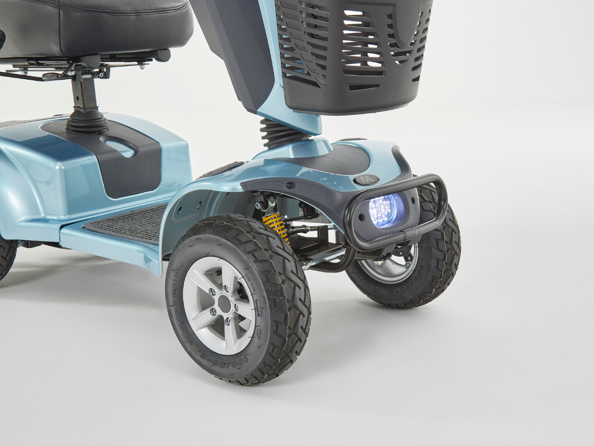 Motion Healthcare Xcite 4 Wheel, Lightweight, Electric 8mph Mobility Scooter Lithium Battery Option Aqua blue front wheels close up