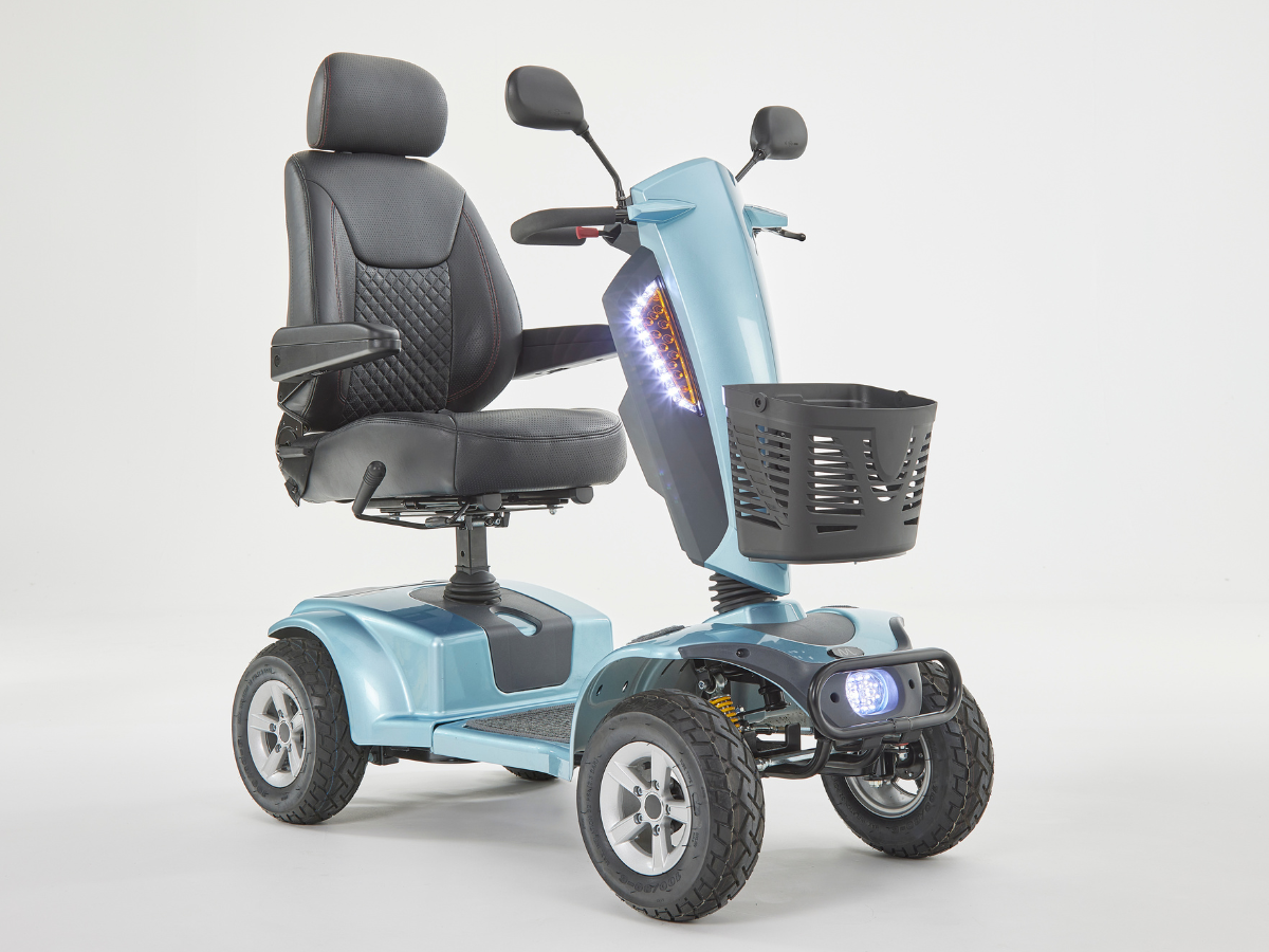 Motion Healthcare Xcite 4 Wheel, Lightweight, Electric 8mph Mobility Scooter Lithium Battery Option Aqua blue front light on