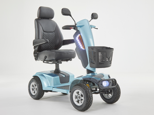 Motion Healthcare Xcite 4 Wheel, Lightweight, Electric 8mph Mobility Scooter Lithium Battery Option Aqua blue front light on