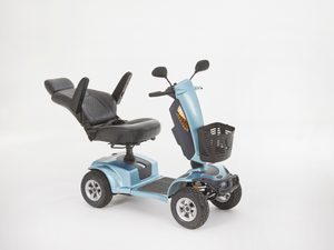 Motion Healthcare Xcite 4 Wheel, Lightweight, Electric 8mph Mobility Scooter Lithium Battery Option Aqua blue seat reclined back