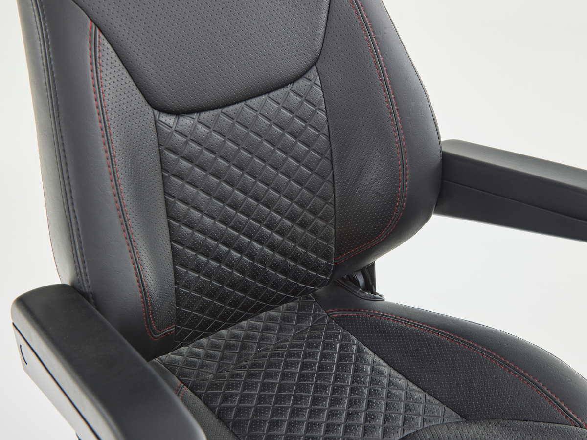 Motion Healthcare Xcite 4 Wheel, Lightweight, Electric 8mph Mobility Scooter Lithium Battery Option Aqua blue chair close up