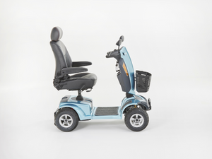 Motion Healthcare Xcite 4 Wheel, Lightweight, Electric 8mph Mobility Scooter Lithium Battery Option Aqua blue side on view