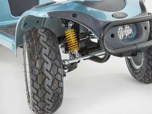 Motion Healthcare Xcite 4 Wheel, Lightweight, Electric 8mph Mobility Scooter Lithium Battery Option Aqua blue close up of wheels