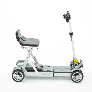 Motion Healthcare mLite, 4 Wheel, Lightweight, Folding Electric Mobility Scooter, grey Lithium Battery grey side on view