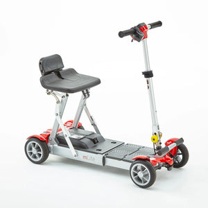 Motion Healthcare mLite, 4 Wheel, Lightweight, Folding Electric Mobility Scooter, grey Lithium Battery red oblique view