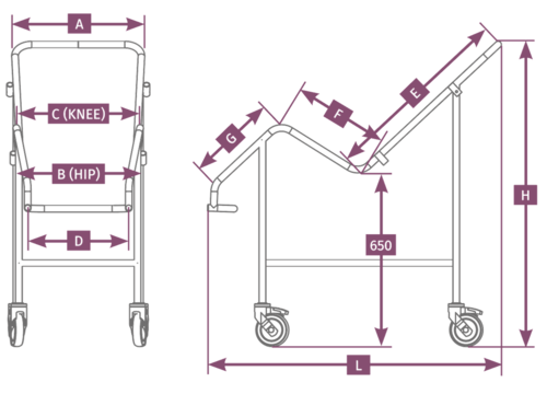 Orchid Medicare Shower Cradle illustrated dimensions