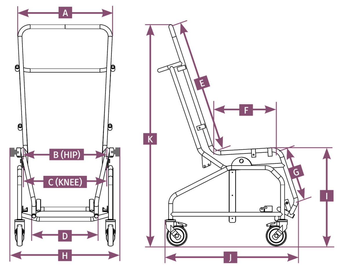 Orchid Medicare Tilt-in-Space Shower Chair for adults illustrated dimensions
