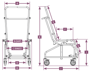 Orchid Medicare Tilt-in-Space Shower Chair for adults illustrated dimensions