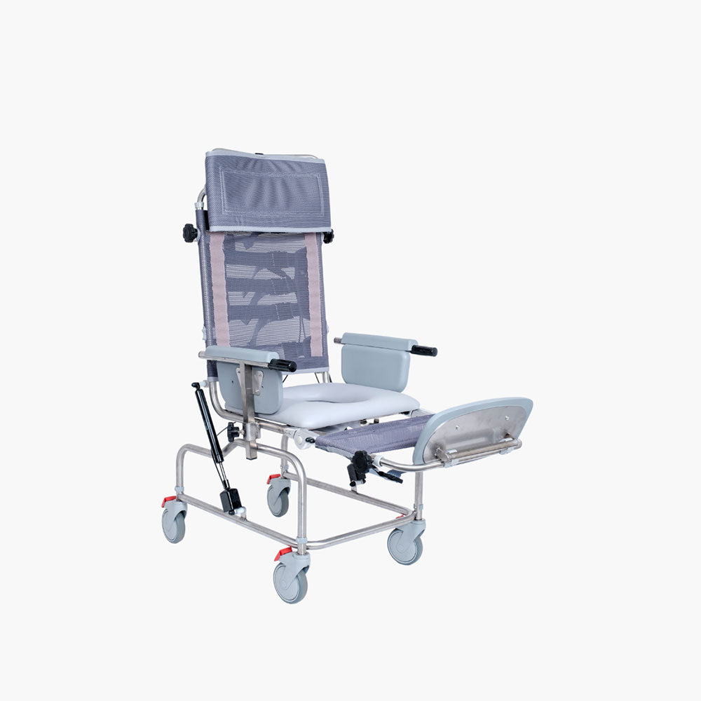 Osprey Deluxe Tilt-in-Space Shower Chair foot plate elevated