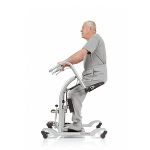 Old man leaning back in a squat position on Direct Healthcare Group QuickMove Transfer Platform