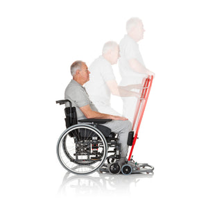 An old man sitting on a wheelchair using Direct Healthcare Group ReTurn7500i Sit-to-Stand Aid to stand up