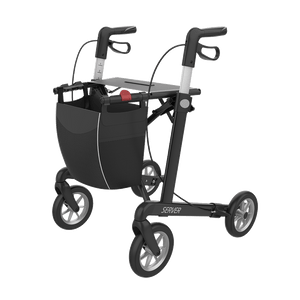 Rehasense | Server Rollator Range | The Elegant Classic Aluminium Rollator with Added Comfort and Accessibility Features Black Front Left