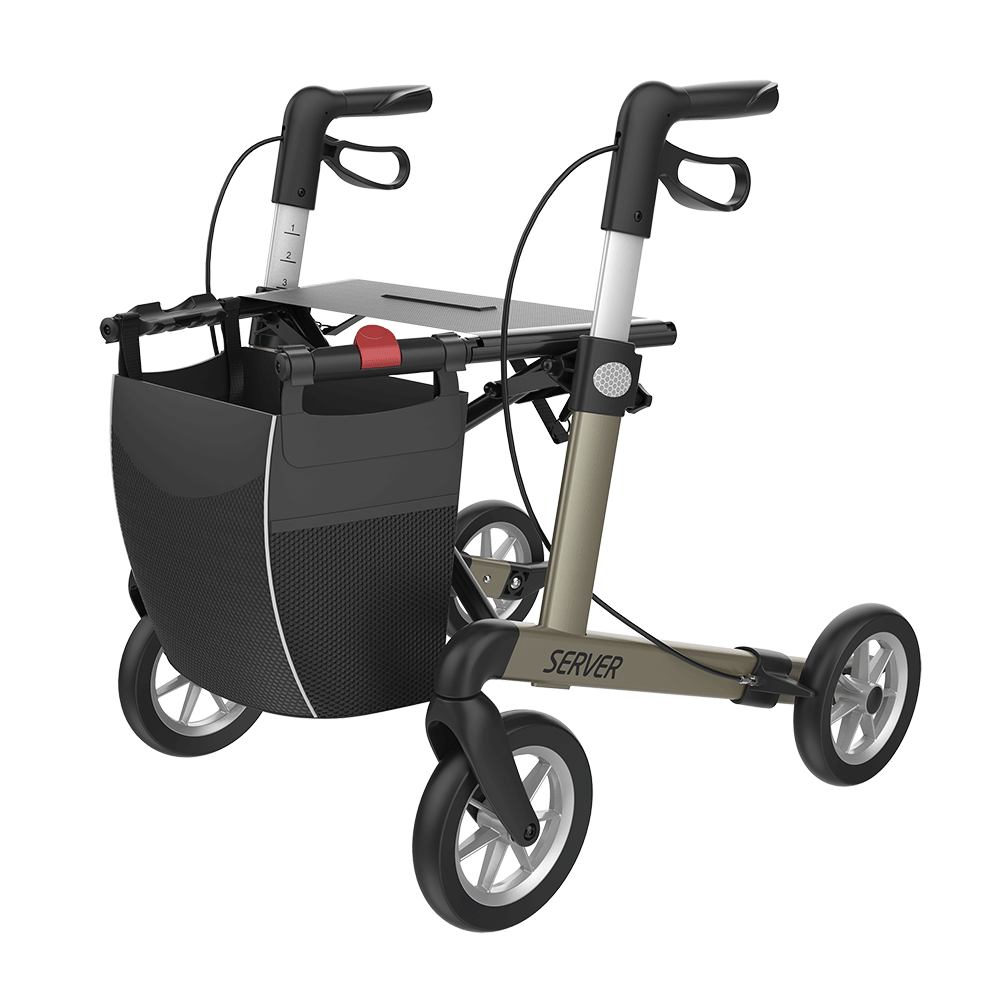 Rehasense | Server Rollator Range | The Elegant Classic Aluminium Rollator with Added Comfort and Accessibility Features Champagne Front Left