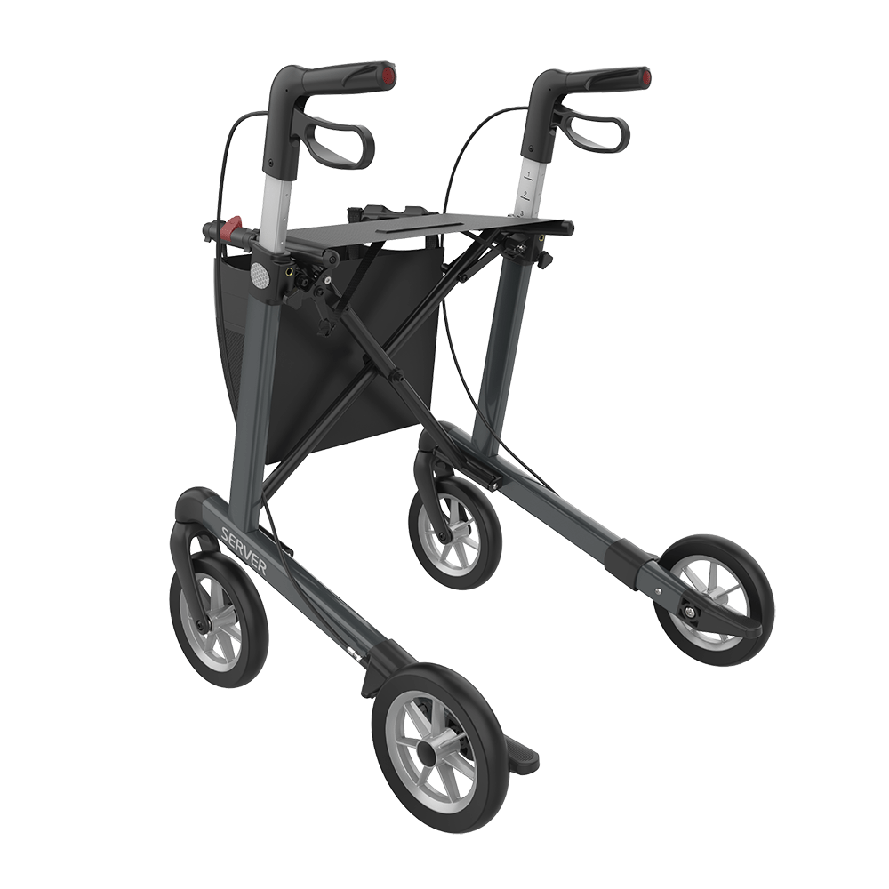 Rehasense | Server Rollator Range | The Elegant Classic Aluminium Rollator with Added Comfort and Accessibility Features Grey Back Left
