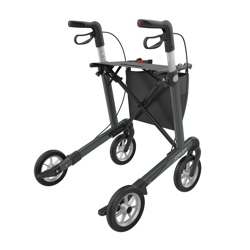 Rehasense | Server Rollator Range | The Elegant Classic Aluminium Rollator with Added Comfort and Accessibility Features Grey Back Right