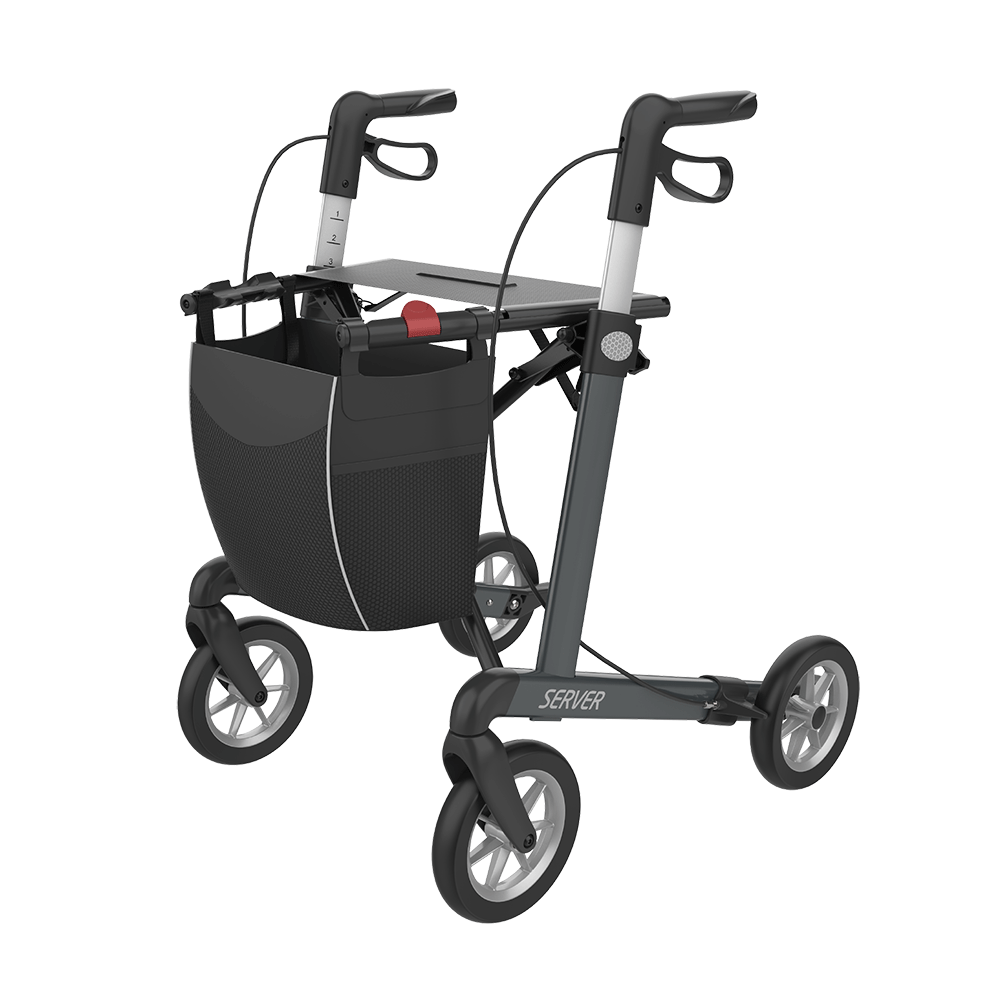 Rehasense | Server Rollator Range | The Elegant Classic Aluminium Rollator with Added Comfort and Accessibility Features Grey Front Left