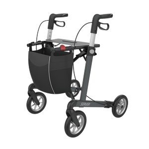 Rehasense | Server Rollator Range | The Elegant Classic Aluminium Rollator with Added Comfort and Accessibility Features Grey Front Left