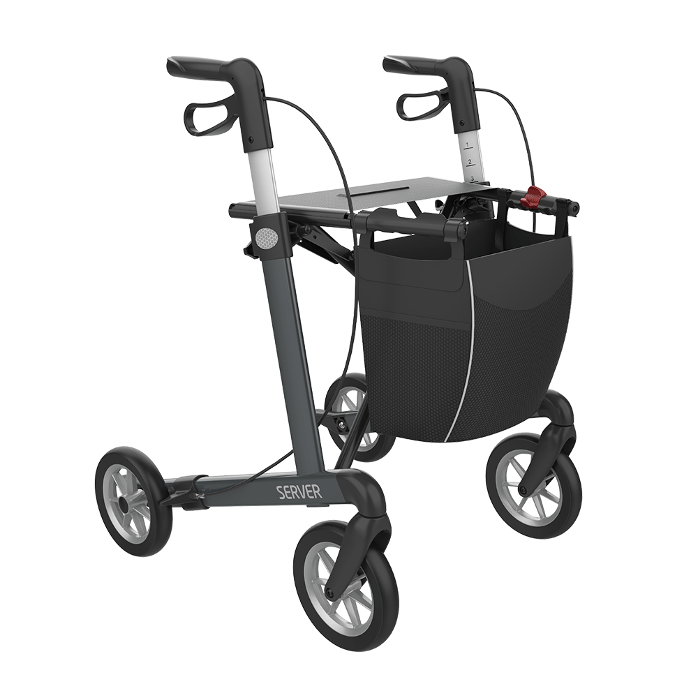Rehasense | Server Rollator Range | The Elegant Classic Aluminium Rollator with Added Comfort and Accessibility Features Grey Front Right