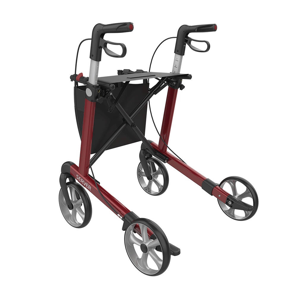 Rehasense | Server Rollator Range | The Elegant Classic Aluminium Rollator with Added Comfort and Accessibility Features Red Back Left