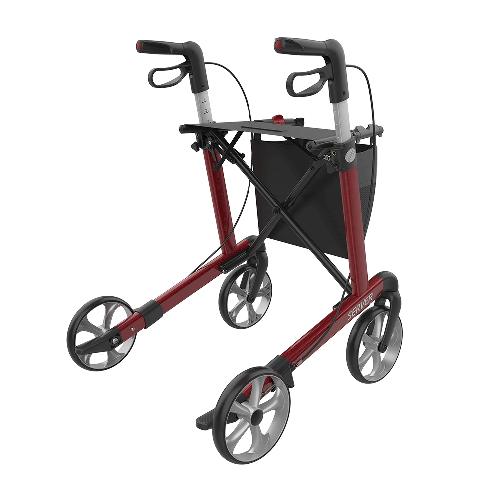 Rehasense | Server Rollator Range | The Elegant Classic Aluminium Rollator with Added Comfort and Accessibility Features Red Back Right