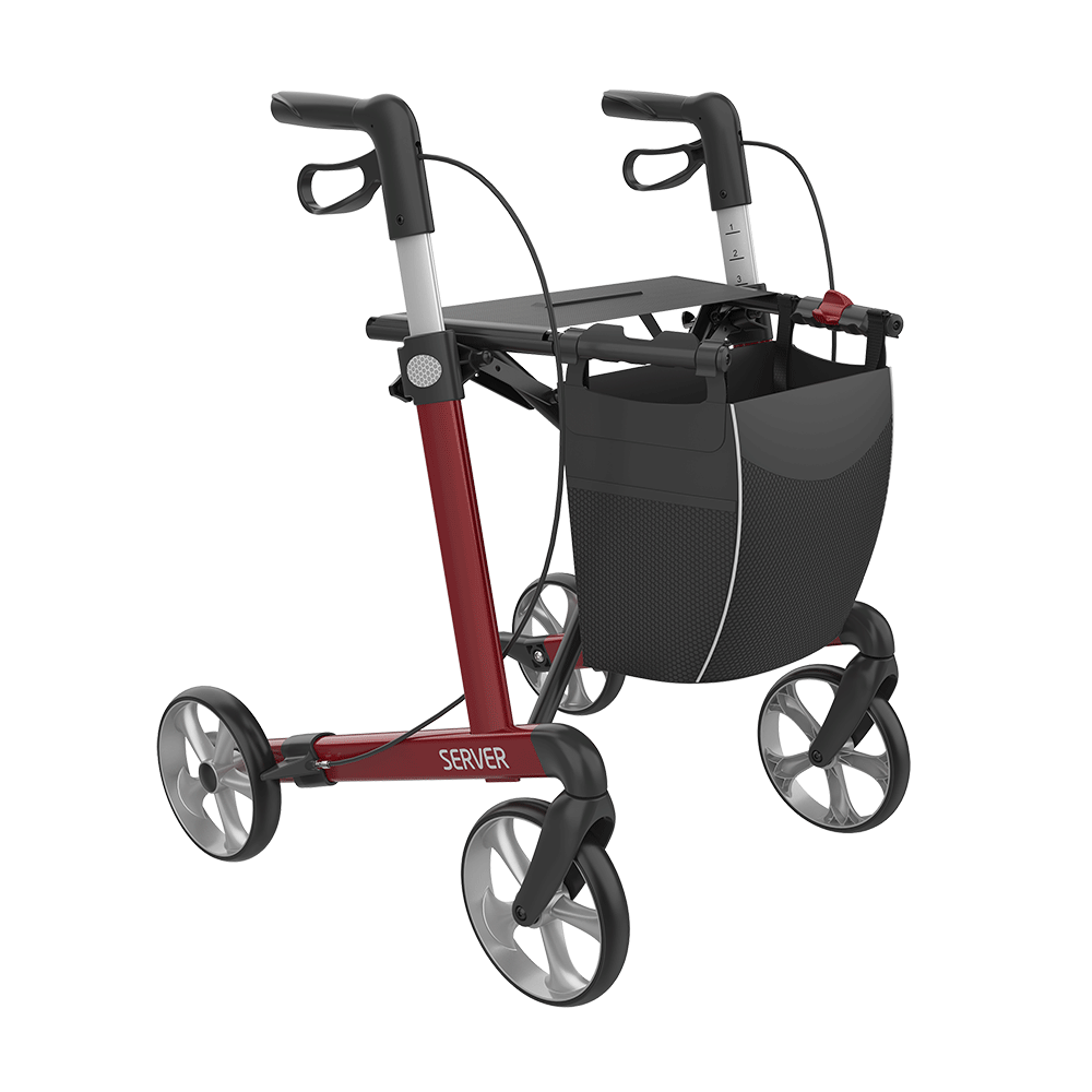 Rehasense | Server Rollator Range | The Elegant Classic Aluminium Rollator with Added Comfort and Accessibility Features Red Front Right