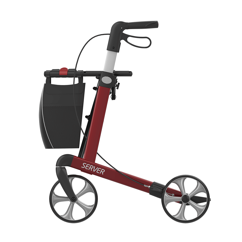 Rehasense | Server Rollator Range | The Elegant Classic Aluminium Rollator with Added Comfort and Accessibility Features Red Left Side