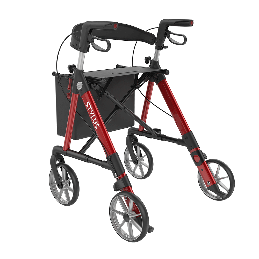 Rehasense | Stylus Rollator Range | Cost-Effective Mobility Solution with Backrest and Crutch Holder Red Back Left