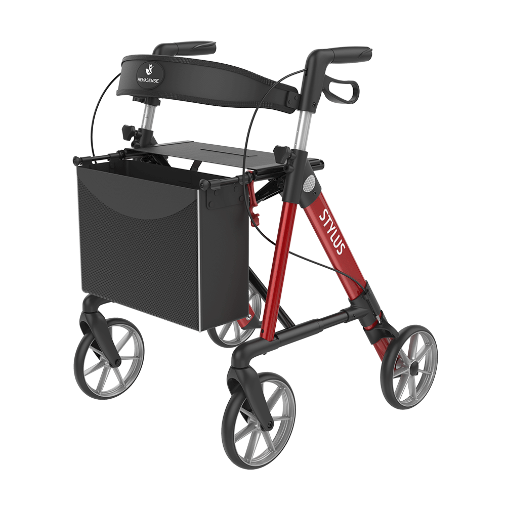 Rehasense | Stylus Rollator Range | Cost-Effective Mobility Solution with Backrest and Crutch Holder Red Front Left