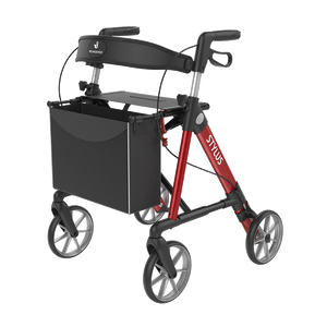 Rehasense | Stylus Rollator Range | Cost-Effective Mobility Solution with Backrest and Crutch Holder Red Front Left
