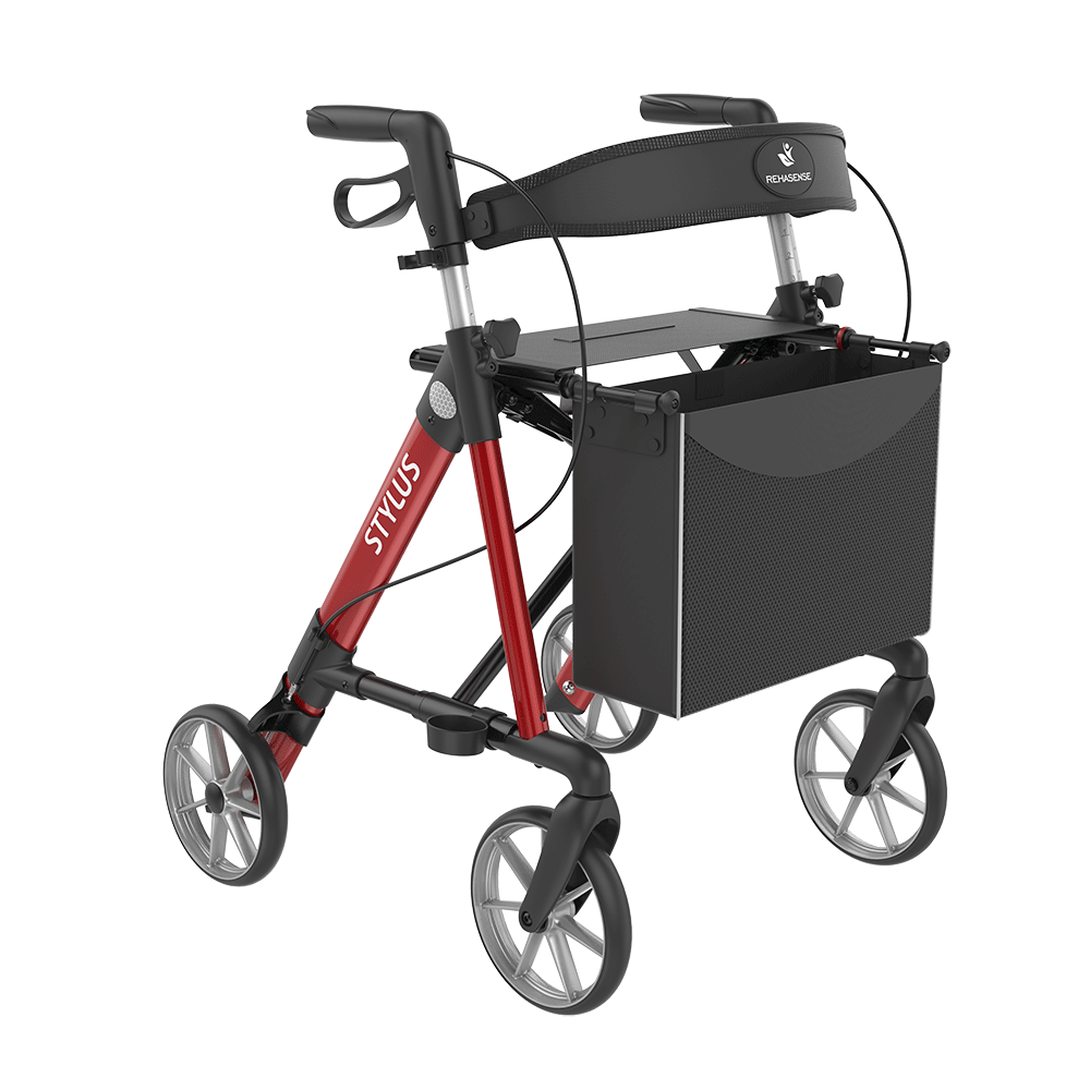 Rehasense | Stylus Rollator Range | Cost-Effective Mobility Solution with Backrest and Crutch Holder Red Front Right