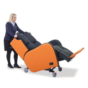 Repose Boston Porter Express Chair tilt in space attendant propelled with castors, orange and black