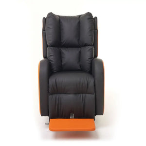 Repose Boston Porter Express Chair tilt in space attendant propelled with castors, orange and black front view