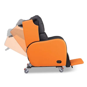 Repose Boston Porter Express Chair tilt in space attendant propelled with castors, orange and black side view reclining