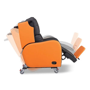 Repose Boston Porter Express Chair tilt in space attendant propelled with castors, orange and black in motion