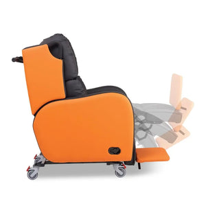 Repose Boston Porter Express Chair tilt in space attendant propelled with castors, orange and black side view
